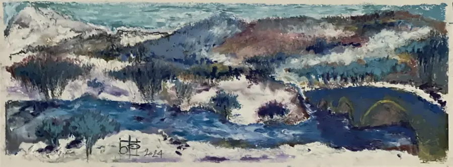 Dëbora e parë ne Voskopojë, Korçë 2024, Oil Pastel on Paper by Ols Plasa