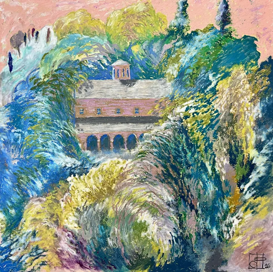 Kisha e Shën Mërisë, Leusë, Përmet, Oil Pastel on Paper by Ols Plasa