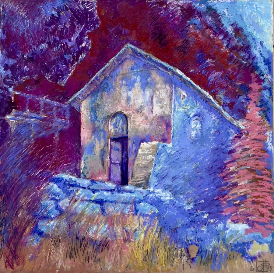 Kisha e Shën Mërisë, Maligrad, Korçë, Oil Pastel on Paper by Ols Plasa