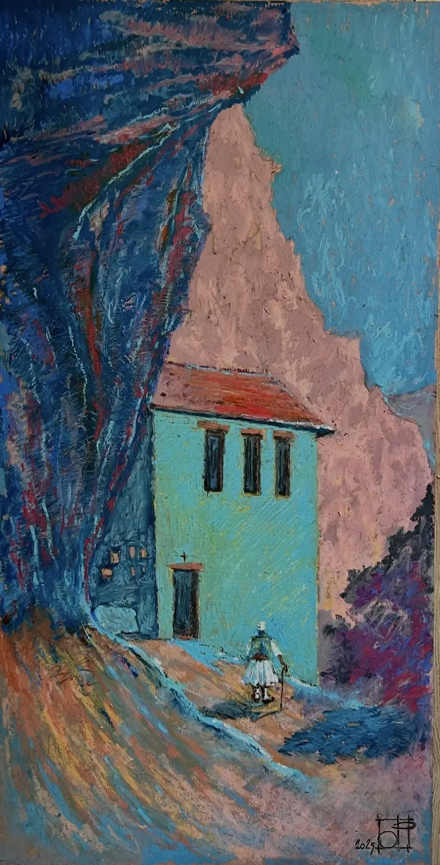 Kisha e Shën Mërisë, Sinjë, Berat, Oil Pastel on Paper by Ols Plasa