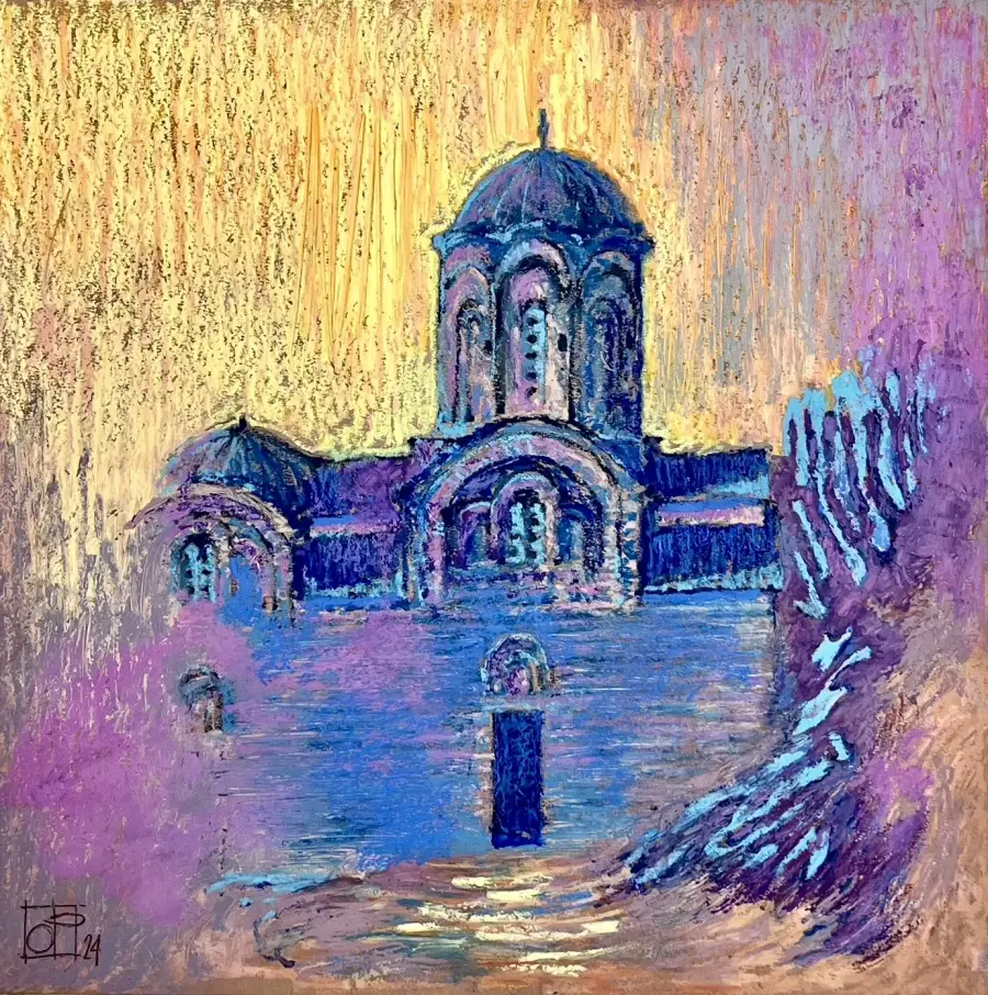 Kisha e Shën Triadhes, Berat 2024, Oil Pastel on Paper by Ols Plasa