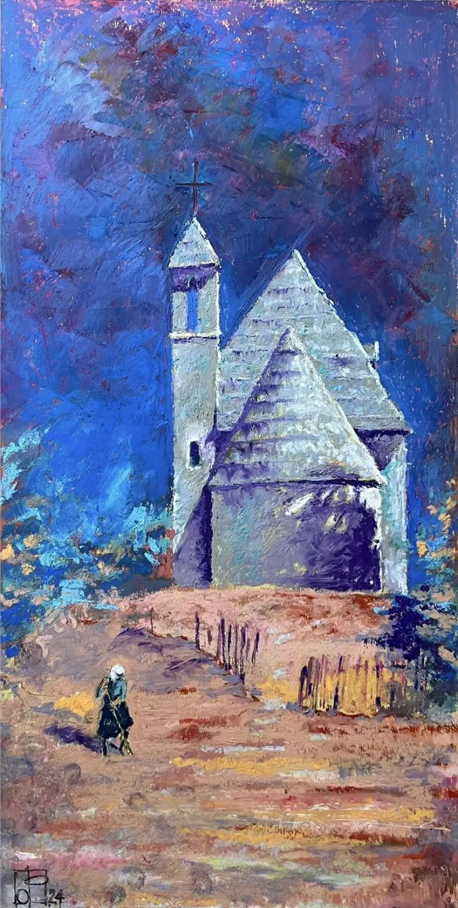 Kisha e Thethit, Shkodër, Oil Pastel on Paper by Ols Plasa