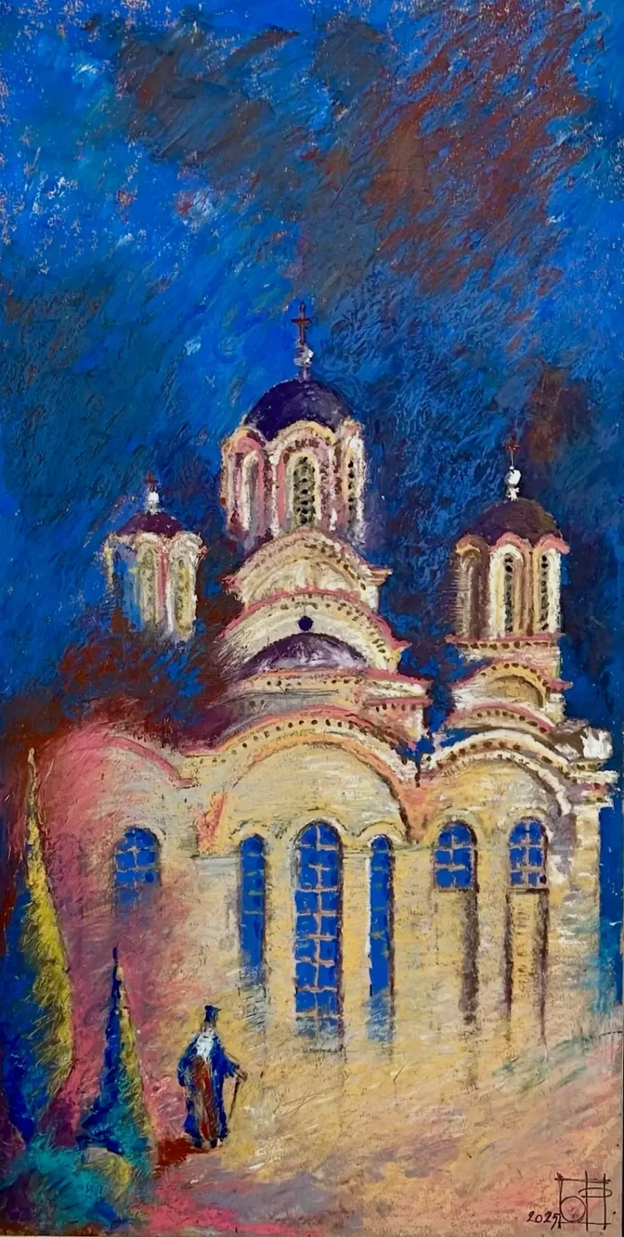 Manastiri i Graçanicës, Prishtinë, Oil Pastel on Paper by Ols Plasa